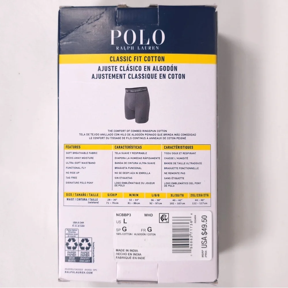POLO RALPH LAUREN Men’s 3‎ PACK Classic Fit Cotton Boxers Briefs White